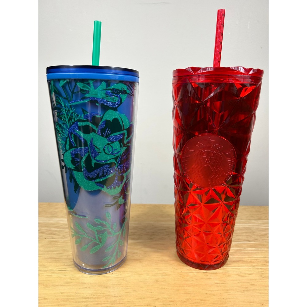 Starbucks Christmas Tumbler Cups SET/2 Blue Floral Red Diamond 24oz Straws NEW‎